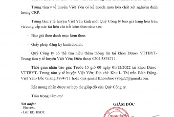 THƯ MỜI BÁO GIÁ (Hóa chất dùng cho xét nghiệm, chất kiểm chứng dùng cho xét nghiệm...)