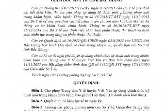 Quyết định cho phép Trung tâm Y tế Việt Yên áp dụng chính thức kỹ thuật mới trong khám chữa bệnh