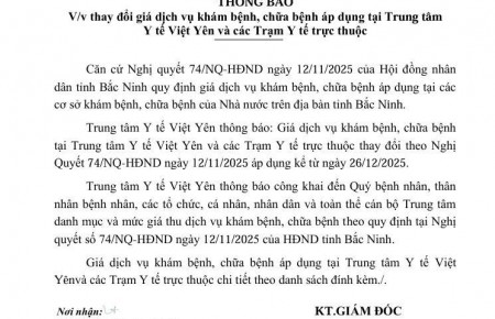 Thông báo thay đổi giá dịch vụ khám, chữa bệnh