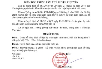 QUYẾT ĐỊNH Về việc công bố công khai dự toán ngân sách năm 2023 của Trung tâm y tế huyện Việt Yên