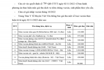 THÔNG BÁO VỀ GIÁ THU DỊCH VỤ TIÊM CHỦNG VẮC XIN THEO YÊU CẦU