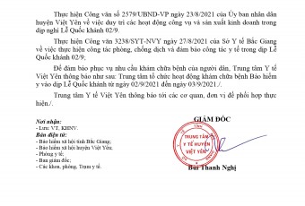 THÔNG BÁO Về việc khám chữa bệnh Bảo hiểm y tế vào dịp Lễ Quốc khánh 02/9