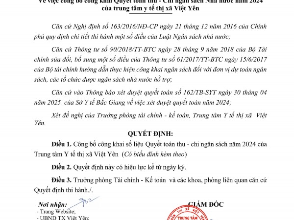 Công khai dự toán ngân sách năm 2024 của Trung tâm Y tế thị xã Việt Yên